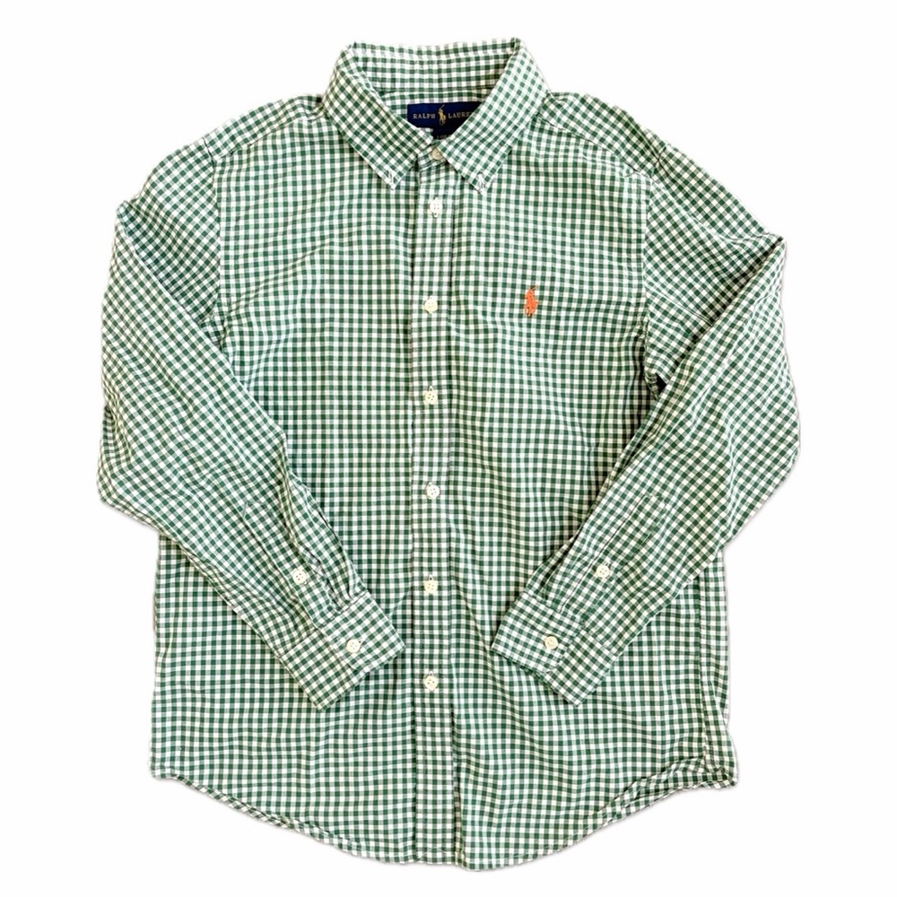 Ralph Lauren Plaid Button Down Shirt Green Gingham Long Sleeve Boys L (14-16)